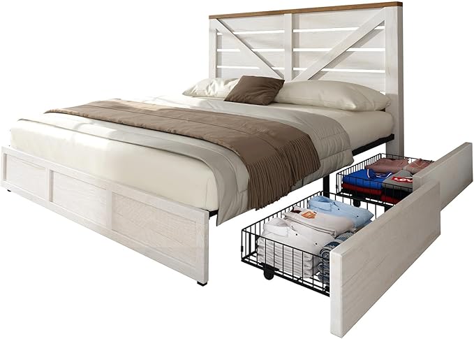 AMERLIFE King Size Farmhouse Bed Frame with 4 Drawers, Wooden Storage Bed Frame with Headboard and Heavy Duty Metal Slats, Noisy Free, Easy Assemble, White/Barnwood