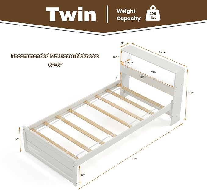 KOMFOTT Twin Size Wood Platform Bed Frame with Charging Station & LED Light, Platform Bed with Storage Headboard & 12” Under-Bed Space, No Box Spring Needed Bed Base, Wood Mattress Foundation (White)