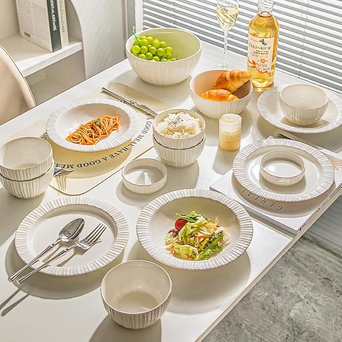 MDZF SWEET HOME 12-Piece White Ceramic Dinnerware Set - Rhine Series, Service for 4, Includes Bowls, Flat & Deep Plates, Microwave & Dishwasher Safe