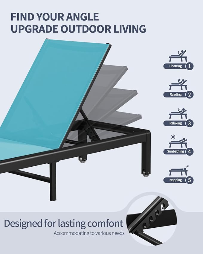 Aluminum Lounge Chairs Outdoor Chaise Furniture,2 Sets Patio Metal Deck Lounger Adjustable 5-Position Poolside Chase Recliner with Wheels for Beach,Coffee Table, (Blue, 2 Chairs)