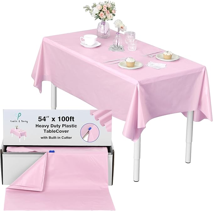 Craft And Party, 54 in x 100 feet Plastic Table Cover Roll for Party, Banquet, Picnic, Kids Activities for Any Size and Shape Table (Light Pink, 54" x 100ft)