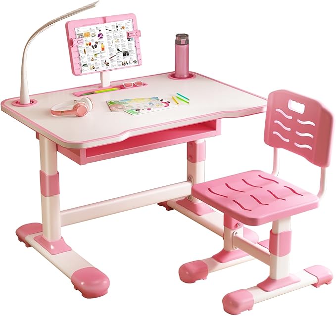 Study Desk Chair Set for Girl, Height Adjustable Toddlers Writing Table with Tiltable Reading Stand LED Table Light, Living Room Bedroom Children Learning Table with Extra Large Drawer Pink