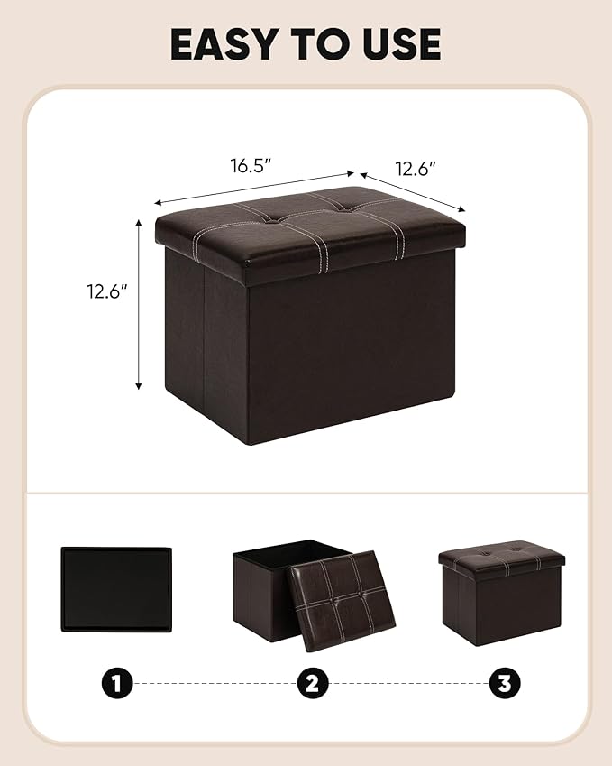 B FSOBEIIALEO Folding Storage Ottoman, Faux Leather Footrest Seat Coffee Table Toy Chest Kids, Brown 16.5"x12.6"x12.6"