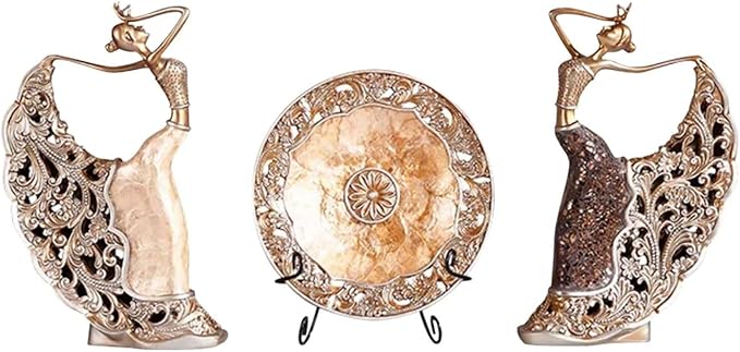 homary 3PCS Peacock Dancer Figurines Statue Vintage Romantic Resin Sculpture Set Decorative Ornaments for Office Desktop Bookshelf Decor, Gold