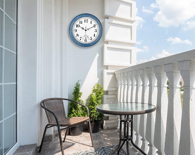 zyzamay 12 Inch Indoor Outdoor Clocks,Waterproof Wall Clock with Thermometer,Easy to Read,Non-Ticking Battery Operated Quality Quartz Clock, Decorative for Patio,Porch,Pool,Bathroom,Deck(Blue)