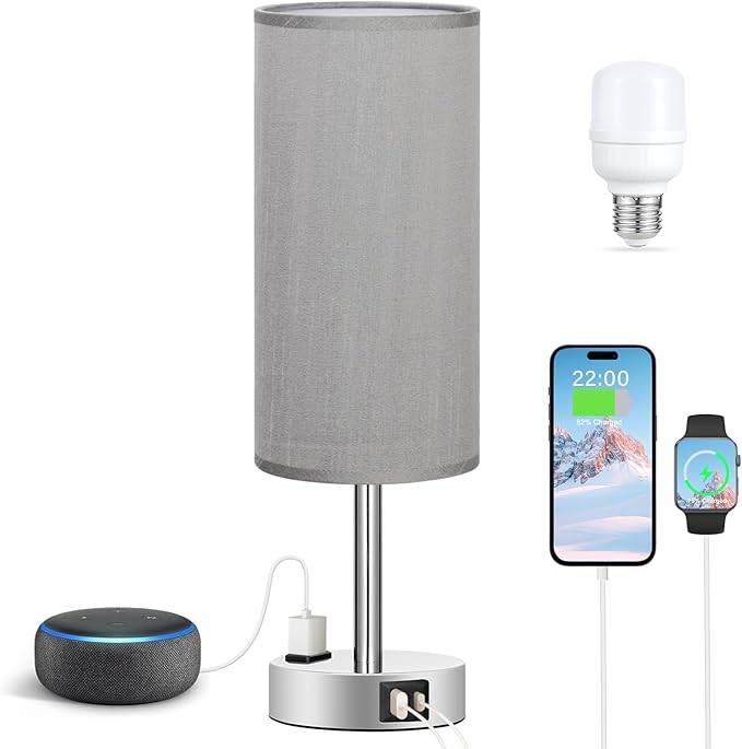 Grey Nightstand Table Lamp for Bedroom - 3 Way Dimmable Bedside Lamp USB C A Charging Ports and AC Outlet, Small Table Lamp Silver Base for Living Room, Office Desk, LED Bulb Included