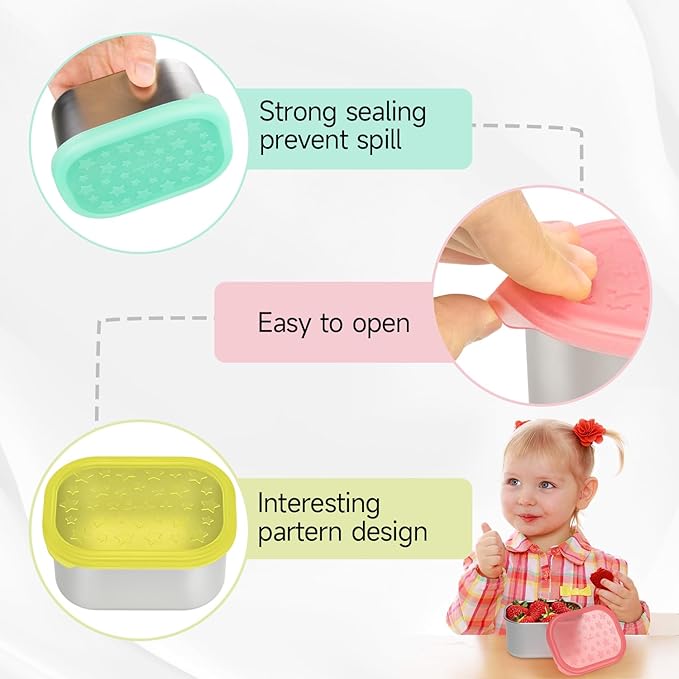 SOPHICO Stainless Steel Snack Containers for Kids, 8 oz Small Food Storage Container with Silicone Lid - Perfect 304 Metal Toddler Lunch Box for Daycare and School, Leak Proof (6 Pack)