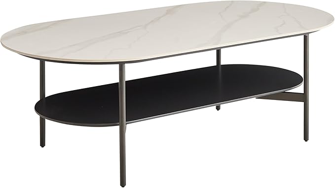 Oval Marble Coffee Table 47.2Inch Modern Living Room Center Table with Sintered Stone Top Dark Grey MDF Bottom Shelf 2-Layer, Sturdy Steel Frame