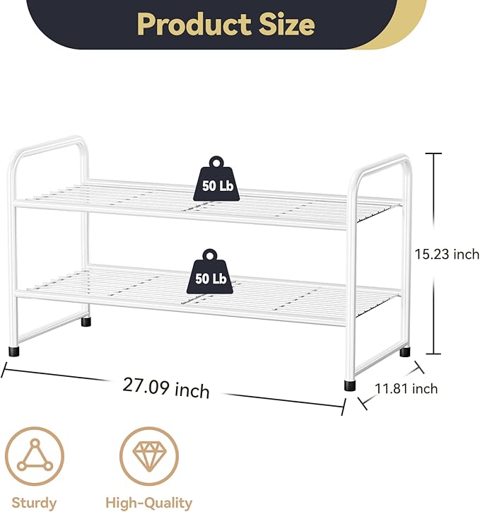 2-Tier 27” Wide Shoe Rack for Closet, Metal Stackable Shoe Shelf Organizer, White