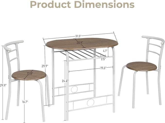 VINGLI 3 Piece Dining Set,Small Kitchen Table Set for 2,Breakfast Table Set,Kitchen Wooden Table and 2 Chairs for Small Space/Dining Room/Apartment,Metal Frame,Wine Rack,White&Warm Oak