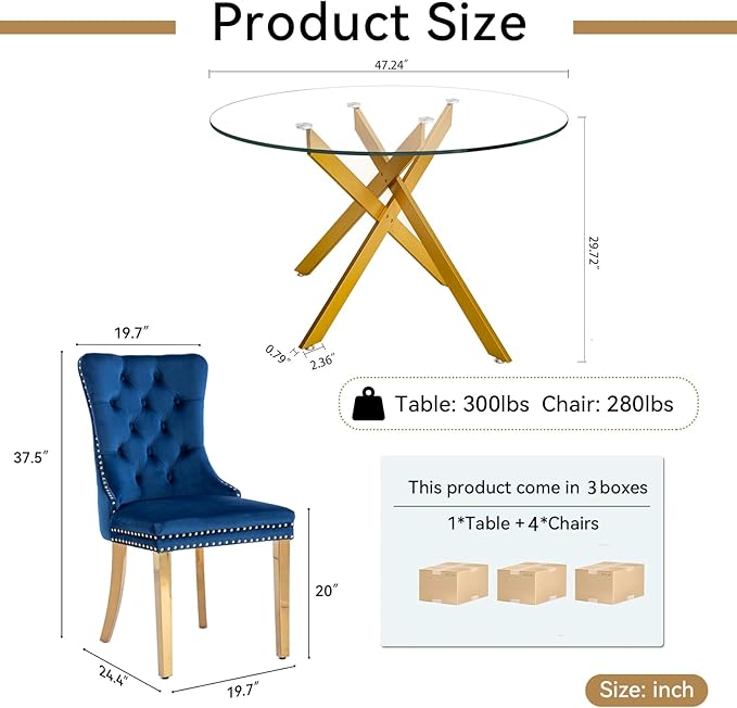 Goujxcy Round Dining Table Set for 4, Modern Glass Kitchen Table and Chairs Set of 4, 5-Piece Dining Room Table Set w/47 Circle Gold Glass Dining Table and 4 Upholstered Velvet Chairs