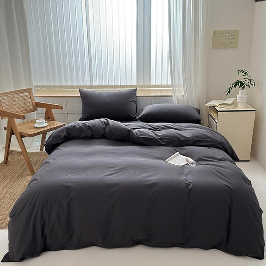 FACE TWO FACE Bedding Duvet Cover Set100% Washed Cotton Duvet Cover Linen Like Textured Breathable Durable Soft Comfy (King, Volcanic Black)