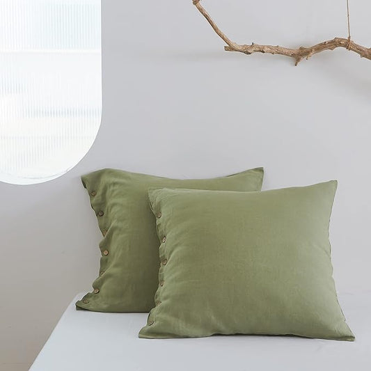 Simple&Opulence 100% Washed Linen Euro Sham Cover, 26 x 26 Inch, Decorative Bed Pillow Cover with Coconut Button, Solid Color Pillow Shams Set of 2 (Sage Green)