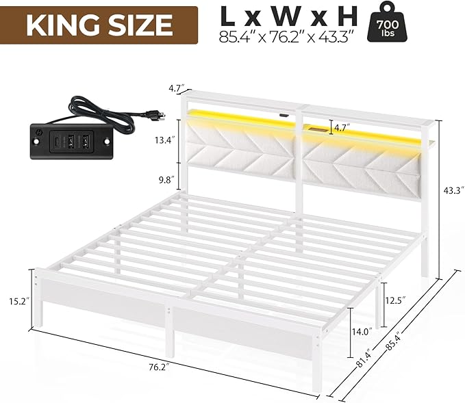 Seventable Bed Frame King Size with Charging Station, LED Bed with Upholstered Storage Headboard, Metal Platform Bed with Under Bed Storage, No Box Spring Needed, Noise Free, Easy Assembly, White