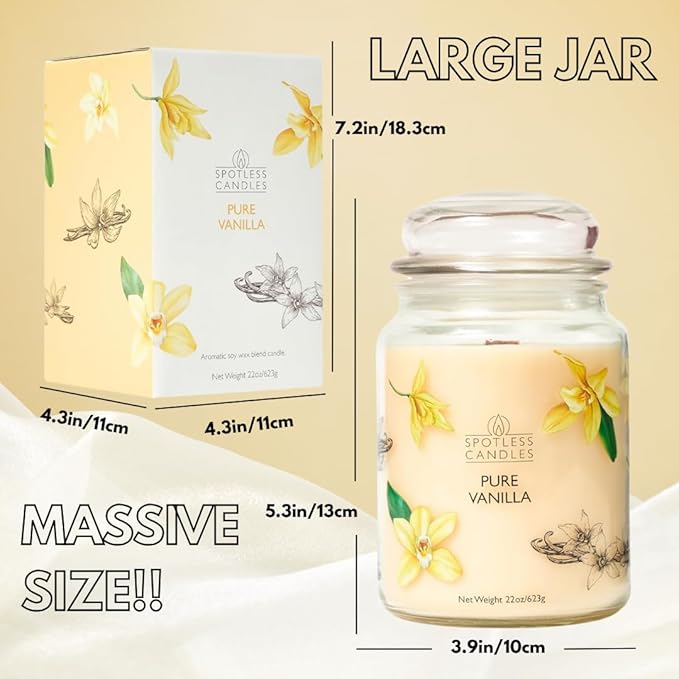 Vanilla Candle 22oz 16" x 9" Reusable Jar Candle 130 Hours Long Burn Time with Wooden Wick in Presentation Gift Box & Protective Shipper Spotless Leopard
