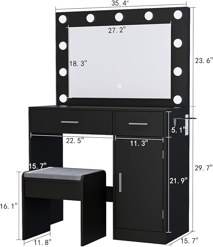 Makeup Vanity with Stool, Large Drawer and Power Socket with 11 Light Bulbs and 3 Adjustable Lighting Modes, Vanity Table for Bedroom (Black)