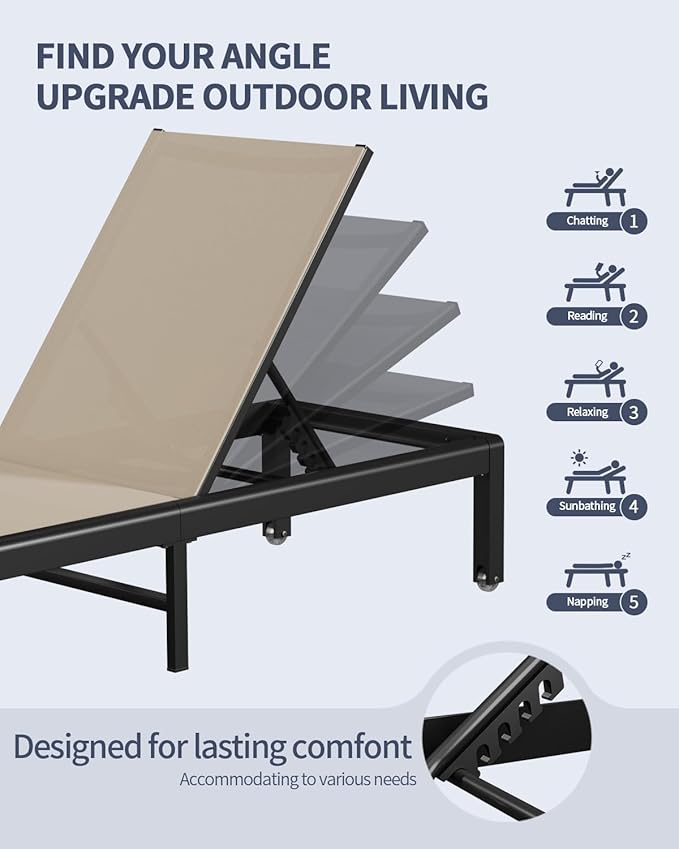 Aluminum Lounge Chairs Outdoor Chaise Furniture,2 Sets Patio Metal Deck Lounger Adjustable 5-Position Poolside Chase Recliner with Wheels for Beach,Coffee Table, (Khaki, 2 Chairs)