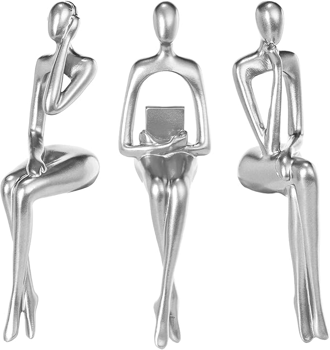 Thinker Statue Gold Decor Abstract Art Sculpture, Golden Resin Collectible Figurines for Home Living Room Office Shelf Decoration,Great Gifts Ideas (Sitting Posture-Silvery)