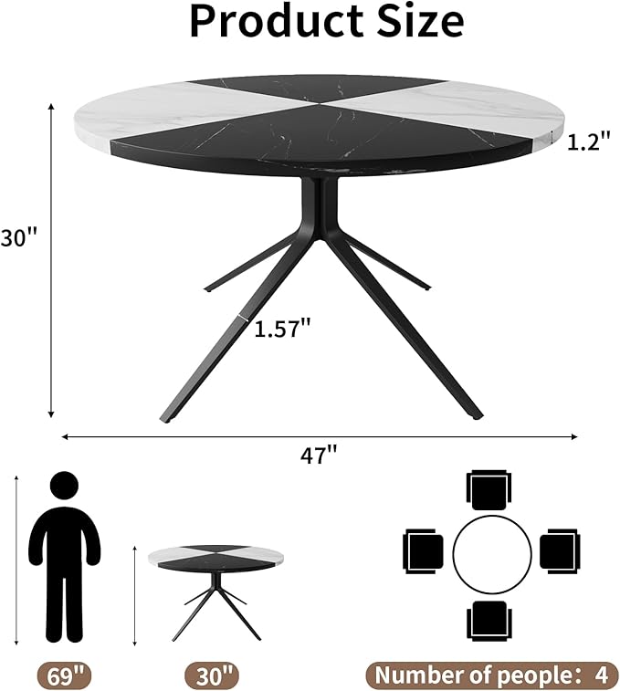 VOWNER Modern Round Dining Table for 4-6 People, 47 Inches Wood Kitchen Table, Dining Room Table with Metal Legs, Circle Coffee Dining Room for Living Room, Home, Apartment, Black and White