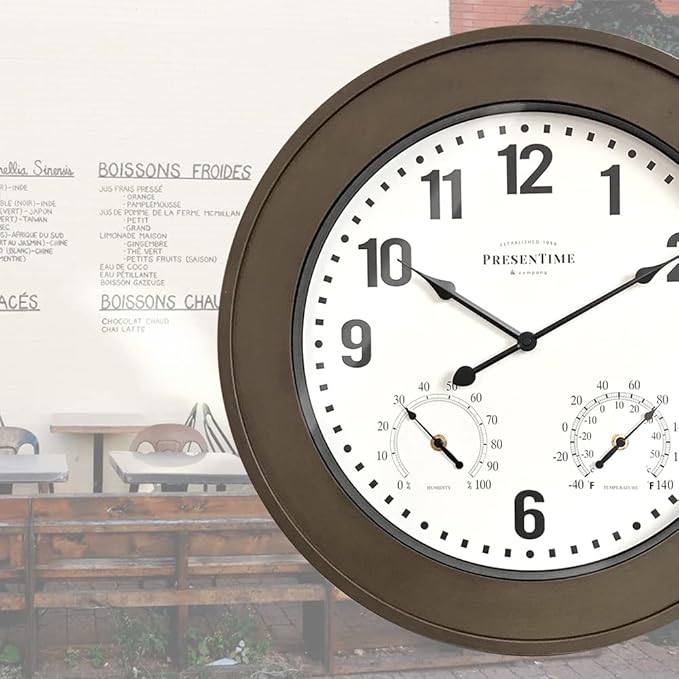 Presentime & Co. 20" Bradford Indoor/Outdoor Farmhouse Clock with Weather Station, Faux Barnwood Finish
