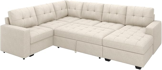 HONBAY Sectional Sleeper Sofa Pull Out Couch, U Shaped Sectional Couch with Storage Chaise, Sofa Bed for Living Room, Beige