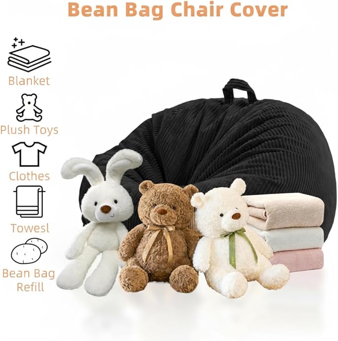 Stuffed Animal Storage Bean Bag Cover (No Filler), Corduroy Kids & Toddler Bean Bag Chair for Teens & Adults, Toy Storage Organizer, Comfy Sofa for Playroom (Onyx Black, Kids (Cover Only))