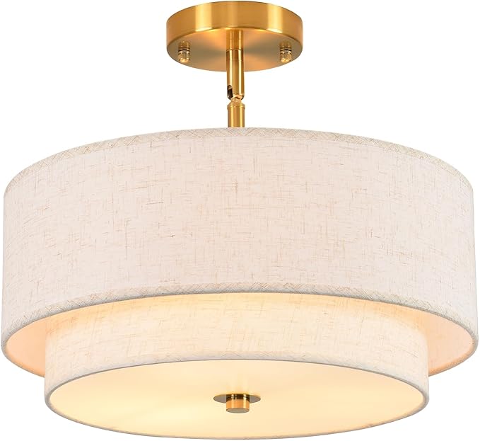 16" Semi Flush Mount Ceiling Light, Gold 3 Light Double Drum Fabric Lampshade Lighting Fixture for Living Room, Bedroom, Dining Room, Kitchen, Hallway (Swivel Canopy for Sloped/Flat Ceiling)