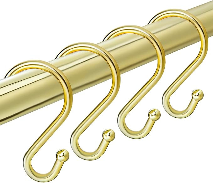 Shower Curtain Hooks Rings, Stainless Steel S Shaped Shower Hooks Rust Proof, Metal Shower Curtain Hangers for Shower Curtains, Kitchen, Wardrobe & Garden, Gold, Set of 12
