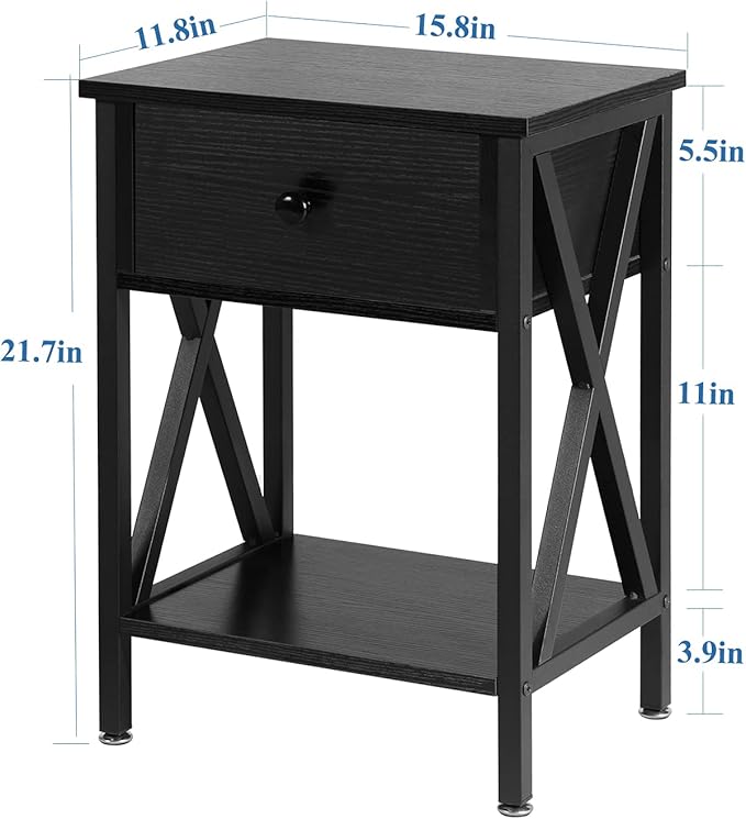 VECELO Nightstand,Modern Bedside End Table, Night Stand with Drawer and Storage Shelf for Living Room Bedroom, Industrial Metal Frame