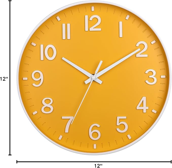 HZDHCLH Yellow Wall Clocks Battery Operated,12 inch Silent Non Ticking Modern Wall Clock for Living Room Bedroom Kitchen Office Classroom Decor