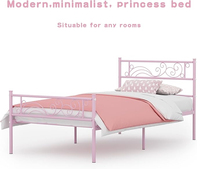 Weehom Metal Bed Frame Twin with Bed Storage,No Box Spring Needed,Heavy Duty Steel Slats Support for Boys Girls Teens Students Adults Pink