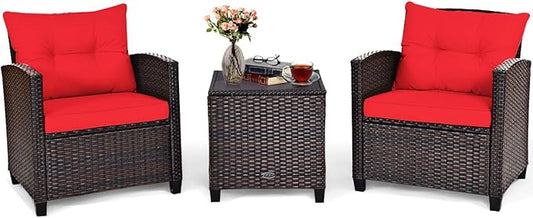 Tangkula 3 Pieces Patio Furniture Set, PE Rattan Wicker 3 Pcs Outdoor Sofa Set w/Washable Cushion and Tempered Glass Tabletop, Conversation Furniture for Garden Poolside Balcony (Red)