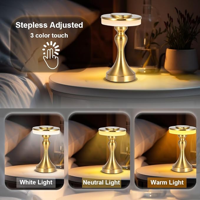 Portable Metal LED Table Lamp,3 Color Touch Sensor Control Rechargeable Desk Lamp,3-Levels Brightness Bedside Lamp,Night Light for Kids Nursery,Dining Room Lamp (Light Gold)