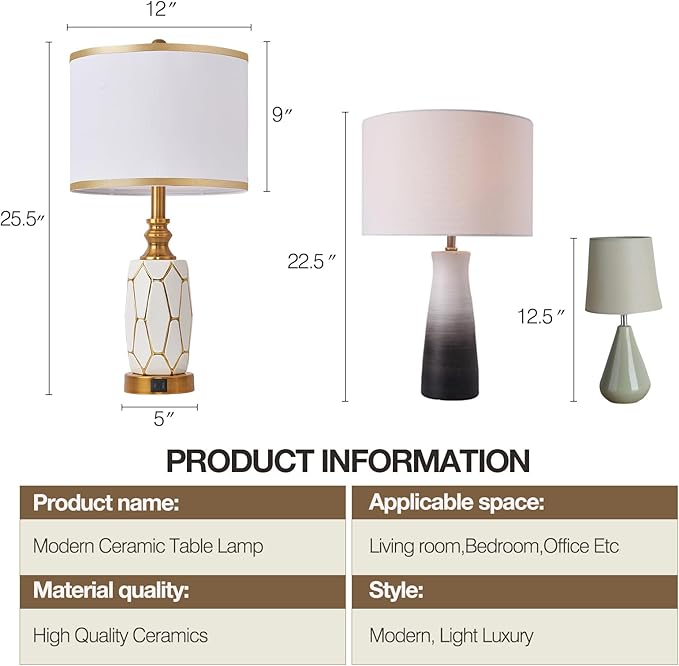 Set of 2 Touch Control Table Lamps for Bedroom Livingroom,Modern Ceramic Table Lamp with USB Ports,Bedside Nightstand Lamp with Fabric Drum Lampshade,Blubs Included (White)