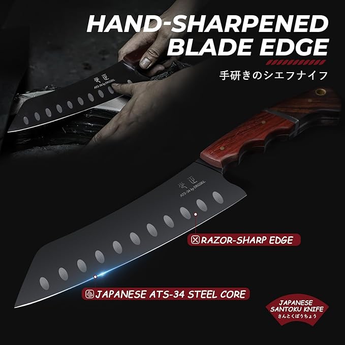 Santoku Knife 7 Inch - Japanese Chef Knife for Fish, Bunka Knife for Meat, Kiritsuke Knife for Vegetables, Black Slicing Knives with Full Tang Handle, Gift for Men Women