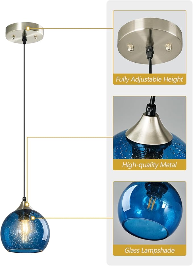 Blue Glass Pendant Lights Kitchen Island Lighting Globe Pendant Light Fixtures Modern Lighting for Kitchen Island Bedroom Living Dining Room (5.9in, 2-Pack)