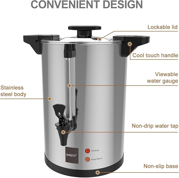 Valgus Commercial Stainless Steel Coffee Urn 135-Cup 20L Large Capacity Coffee Maker Hot Water Urn with Percolator Automatic Temperature Control for Large Events, Parties, Weddings