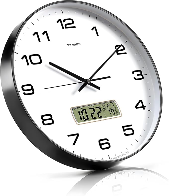 Wall Clock, 13" Dial Non-Ticking Silent Battery Operated Analog with LCD Display for Perpetual Calendar and F° Temperature, Ideal Modern Home, Bedroom, Kitchen, Office Decor(Black)
