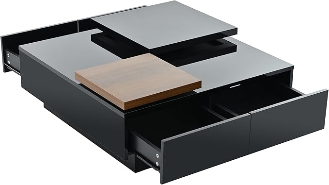 WILLIAMSPACE 31.5" Movable Top Coffee Table with 4 Hidden Storage Drawers & High Gloss Finish, Modern Square Wood Center Table Accent Side End Tea Table for Living Room, Black
