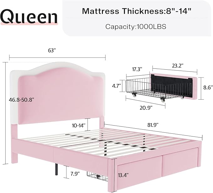Jocisland Queen Bed Frame with Storage Drawers, 51" Adjustable Velvet Headboard, RGB LED Lights, Upholstered Platform Bed, Modern Bed for Teens, Guest Room, No Box Spring Needed, Pink