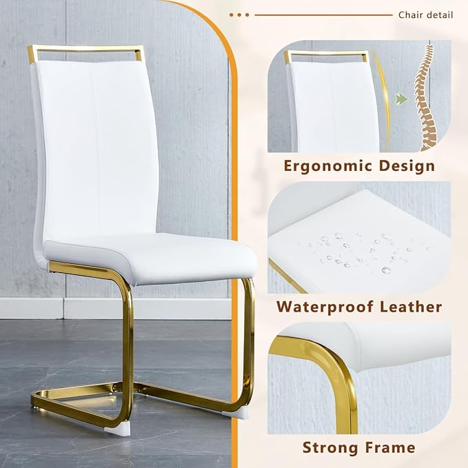 63'' Glass Dining Table Set for 4, Kitchen Table Chairs Set of 4, Clear Glass Dining Table with Black unique design Leg and Gold Metal Base, 4 PU Dining Chairs with Metal Legs, Living Room, Kitchen.