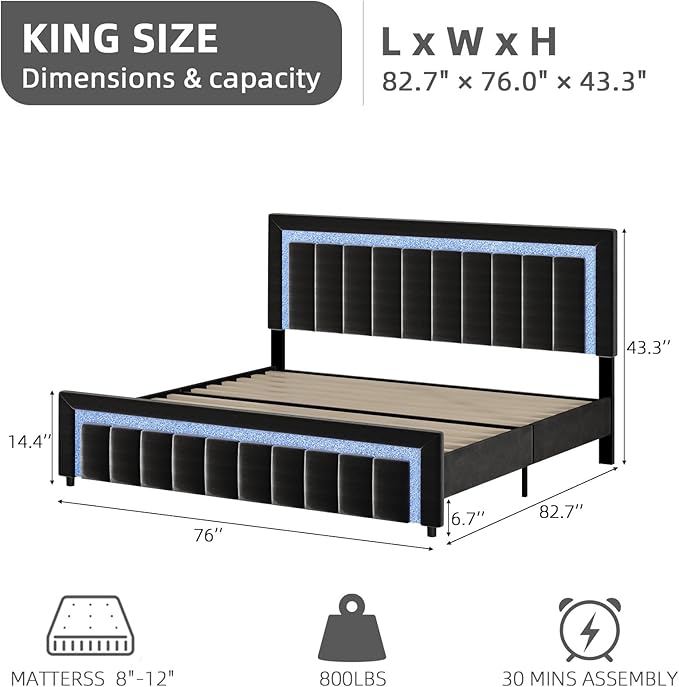 HOMBCK King Size Bed Frame with LED Lights and Velvet Upholstered Headboard, Bed Frame King with Modern Diamond Headboard Adjustable, Wooden Slats Support, Noise Free, No Box Spring Needed, Black