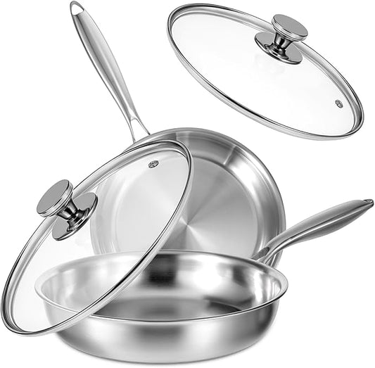Tri-Ply Stainless Steel Frying Pan Set, 10 Inch and 11Inch, Induction Ready Egg Pan Stainless Cooking Pans with Lid, Dishwasher Safe, Oven Safe