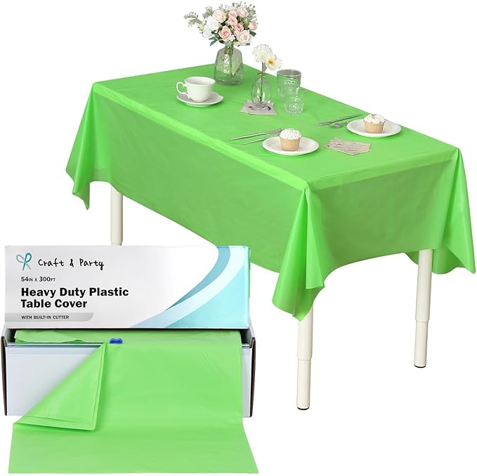 Craft And Party, 54" Plastic Table Cover Roll for Party, Banquet, Picnic, Kids Activities for Any Size and Shape Table (Apple Green, 54" x 300ft)