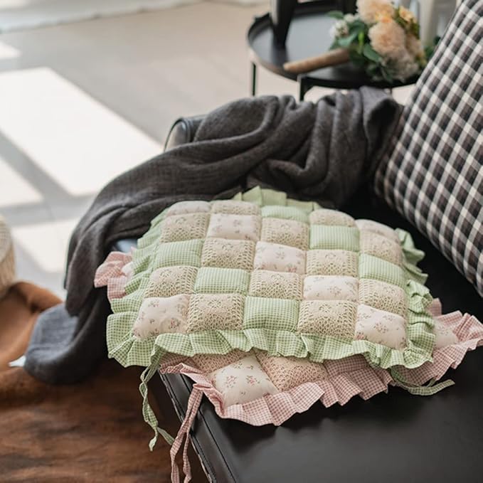 vctops Lace Patchwork Chair Pad Cushion with Ties, Elegant Ruffle Edge Decorative Cushions Farmhouse Floral Pattern Square Seat Cushion for Kitchen Dining Room Office (Type B,16"x16")