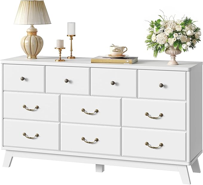 10 Drawer Dresser for Bedroom, 55.1" White Dresser & Chest of Drawers, Wooden Dressers with Vintage Metal Handle, Modern Storage Dressers TV Stand for Bedroom, Living Room, Hallway