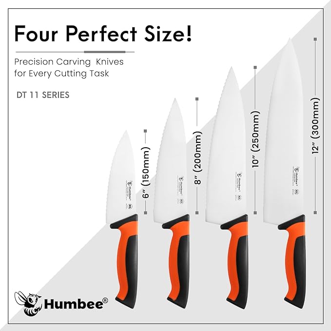 10 Inch Professional Chef Knife with Ergonomic Handle – NSF Certified Stainless Steel Kitchen Knife, Serrated Wave Teeth, Durable and Sharp Blade, DT 11 Series, Orange