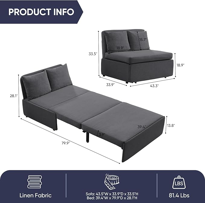 2 in 1 Pull Out Sofa Bed Full Size, Small Convertible Sleeper Sofa Couch, Linen Folding Guest Bed with Wheels and Cushions Pillow, Futon Sofas Couch Beds for Bedroom Office Lounge - Dark Grey