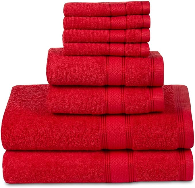 Casa Lino Bath Towel Set of 8 (2 Bath Towels, 4 Wash Cloths & 2 Hand Towels for Bathroom) - 100% Cotton - Highly Absorbent & Quick Dry - Guest Room Essentials for Bathroom Set - (Red)