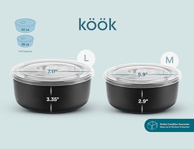 KooK Ceramic Mixing Bowls, Nesting Bowls, Set of 4, Kitchen Bowls, Prep, Serving, Gift, Microwave and Dishwasher Safe, 10/16/29/47 oz, (Black)